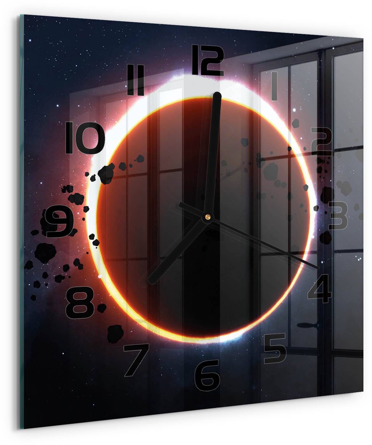 Tulup Wandklok - zonsverduistering Wandklok Glas Met Motief - 30x30 cm - Oranje Decoratieve Glazen Klok - Zwarte handen - Vierkante Klok - Gekleurde Glazen Klok - Glazen Klok Met Print