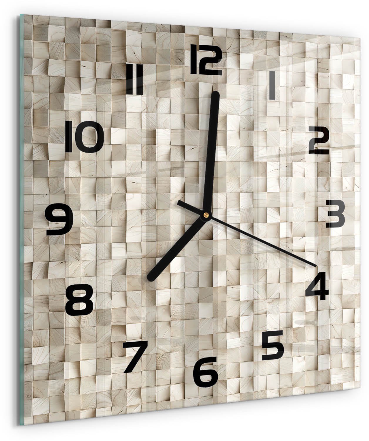 Tulup Wandklok - Houten kubussen Moderne Wandklok Glas - 30x30 cm - Beige Wandklok Glas Decoratie - Zwarte handen - Vierkante Klok - Glazen Wandklok Design - Klok Glas Met Opdruk