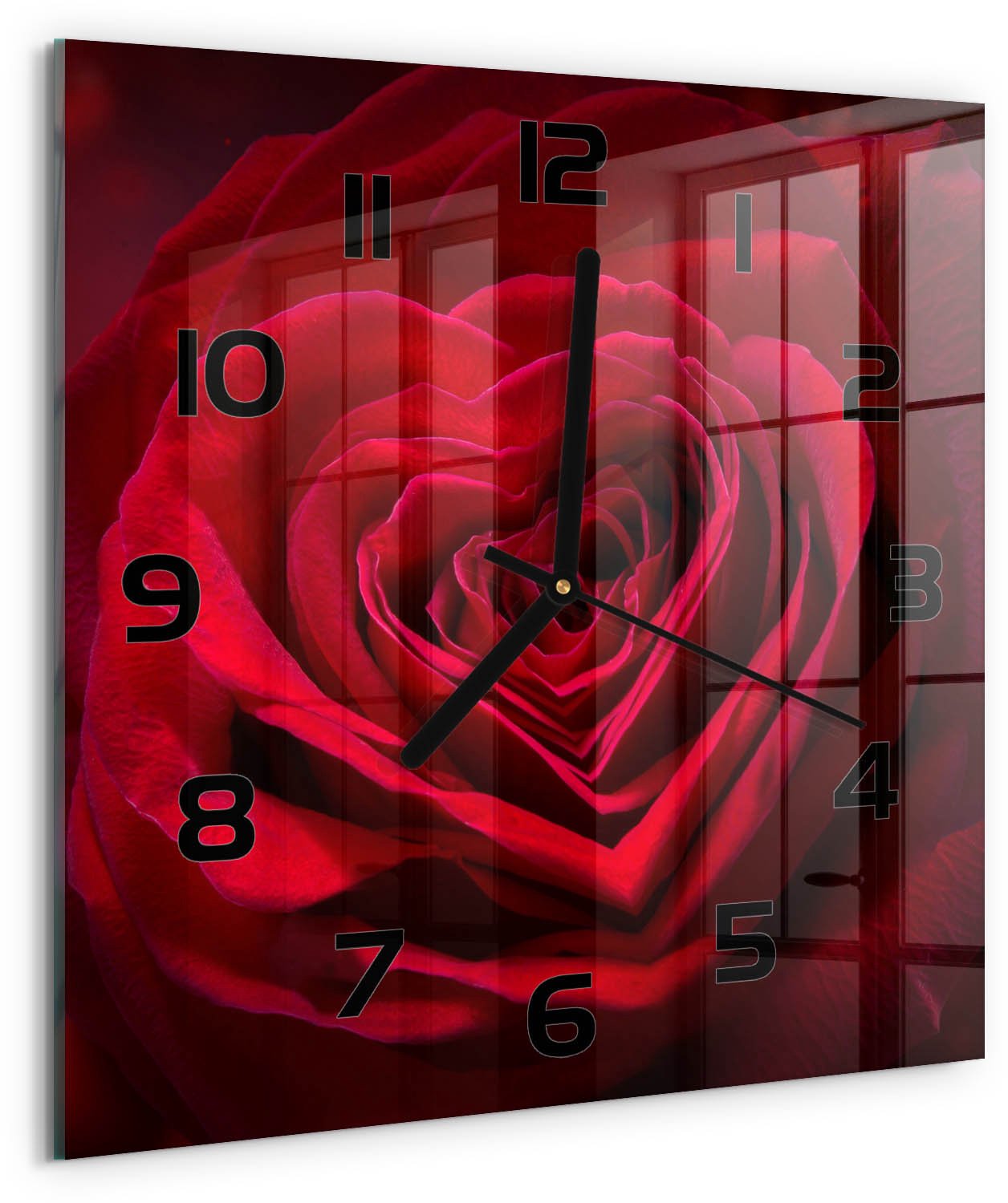 TULUP Wandklok - Rode rozenhart Decoratieve Glazen Klok - 30x30 cm - Rood Glazen Wandklok Design - Zwarte handen - Vierkante Klok - Glazen Klok Met Print - Wandklok Glas Met Motief