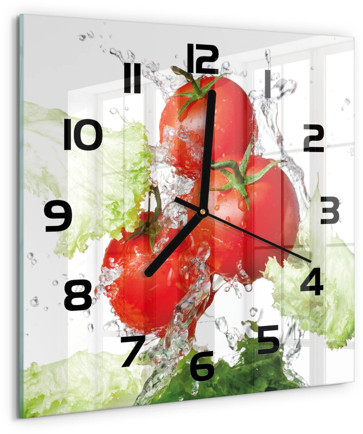 TULUP Wandklok - Tomaten en sla Klok Glas Met Opdruk - 30x30 cm - Rood Moderne Wandklok Glas - Zwarte handen - Vierkante Klok - Decoratieve Glazen Klok - Glazen Wandklok Design