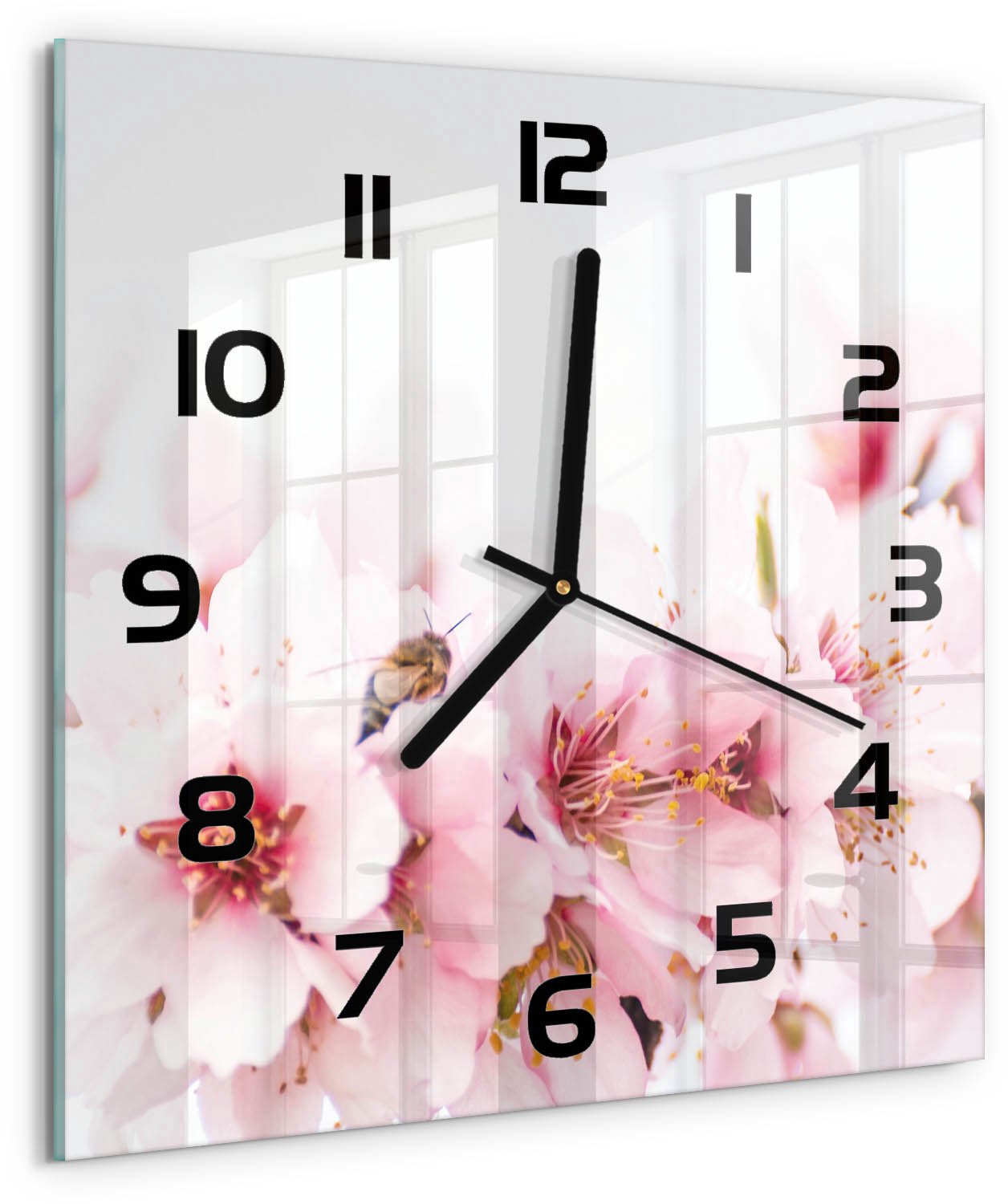 TULUP Wandklok - Kersenbloesem Decoratieve Glazen Klok - 30x30 cm - Roze Glazen Wandklok Design - Zwarte handen - Vierkante Klok - Glazen Klok Met Print - Wandklok Glas Met Motief
