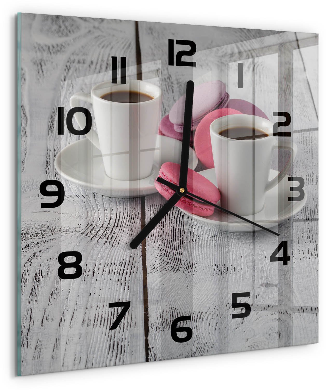 TULUP Wandklok - Koffie en koekjes Wandklok Glas Met Motief - 30x30 cm - Roze Decoratieve Glazen Klok - Zwarte handen - Vierkante Klok - Gekleurde Glazen Klok - Glazen Klok Met Print