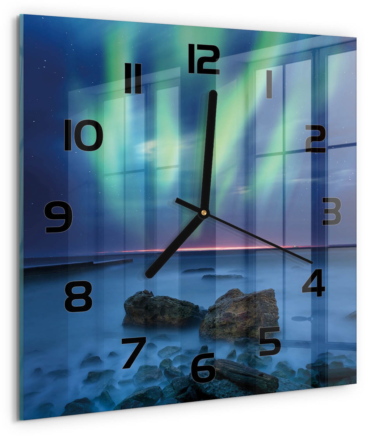Tulup Wandklok - Noorderlicht Klok Glas Met Opdruk - 30x30 cm - Groente Moderne Wandklok Glas - Zwarte handen - Vierkante Klok - Decoratieve Glazen Klok - Glazen Wandklok Design