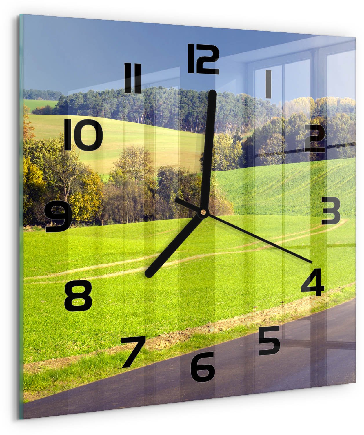 Tulup Wandklok - Onverharde weg Gekleurde Glazen Klok - 30x30 cm - Groente Glazen Klok Met Print - Zwarte handen - Vierkante Klok - Moderne Wandklok Glas - Wandklok Glas Decoratie