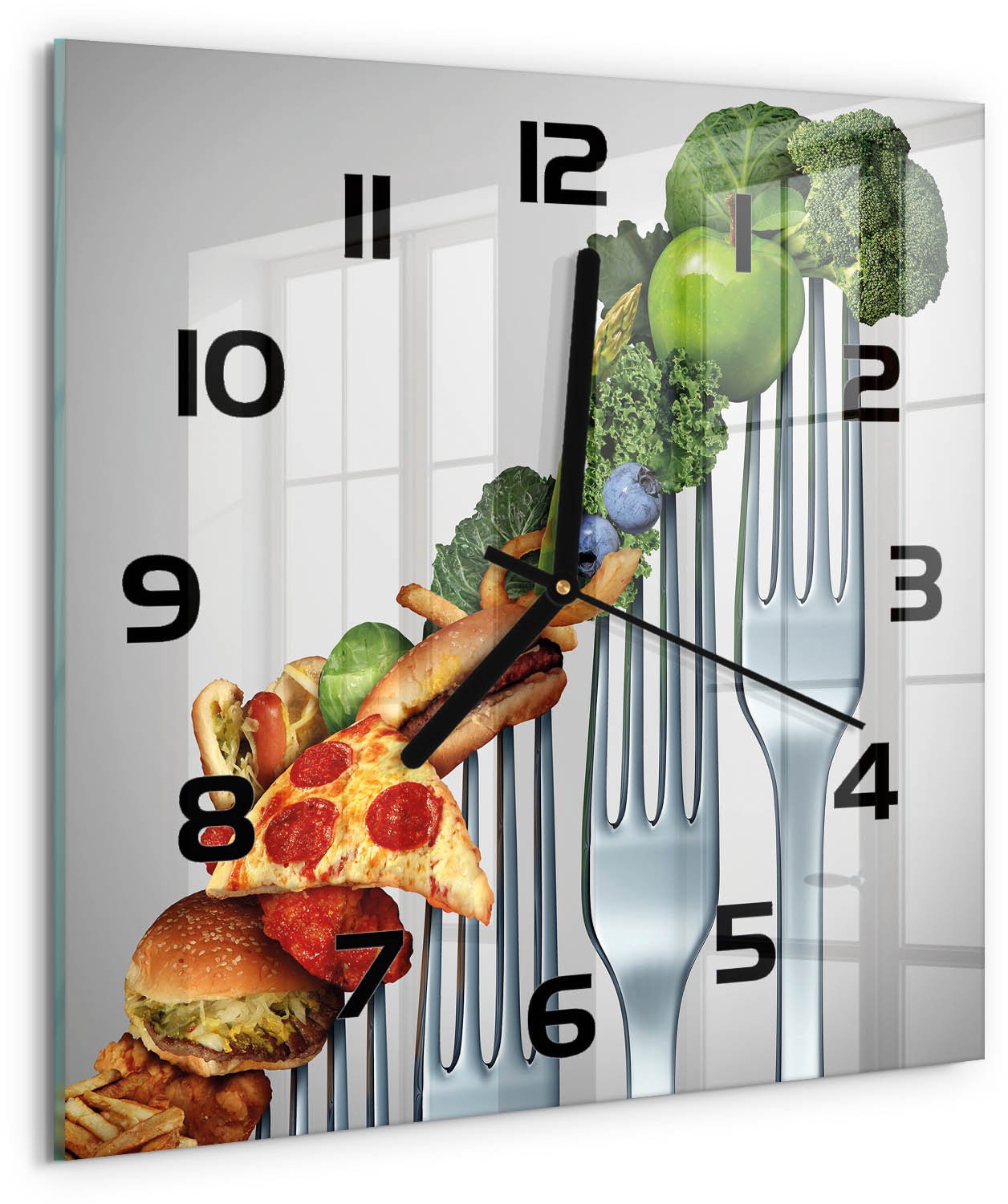 Tulup Wandklok - Vooruitgang in de voeding Wandklok Glas Met Motief - 30x30 cm - Veelkleurig Decoratieve Glazen Klok - Zwarte handen - Vierkante Klok - Gekleurde Glazen Klok - Glazen Klok Met Print