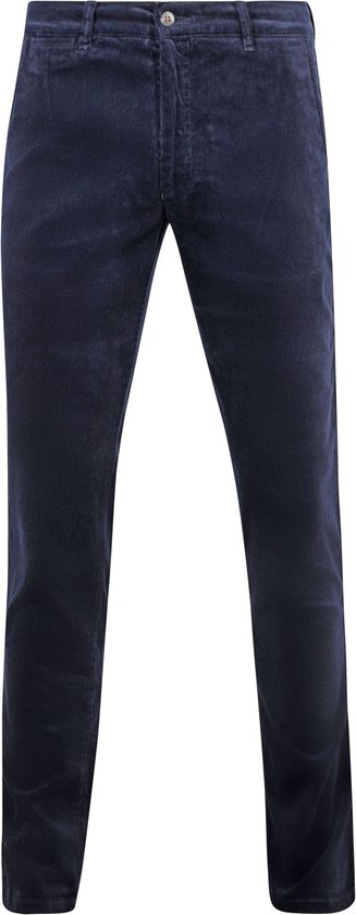 Blauwe corduroy chino broek met ribstructuur, sluiting met knoop en rits.