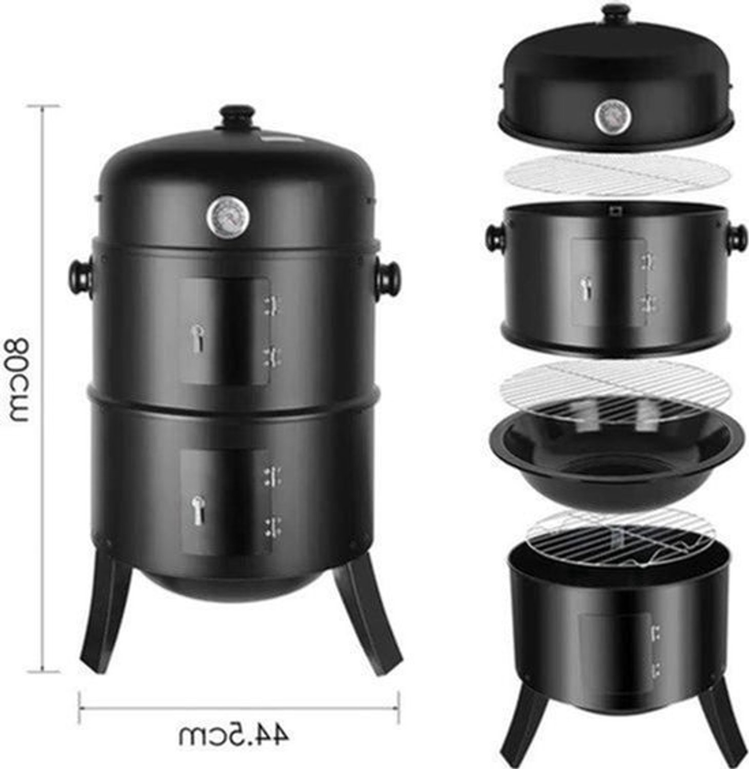 BBQ - BBQ Houtskool - Smoker - 3-in-1 - Ø45cm - Verticale - Barbecue - Rookton met Thermometer en Grillroosters – Outdoor Rookoven Klassiek Model - Ronde