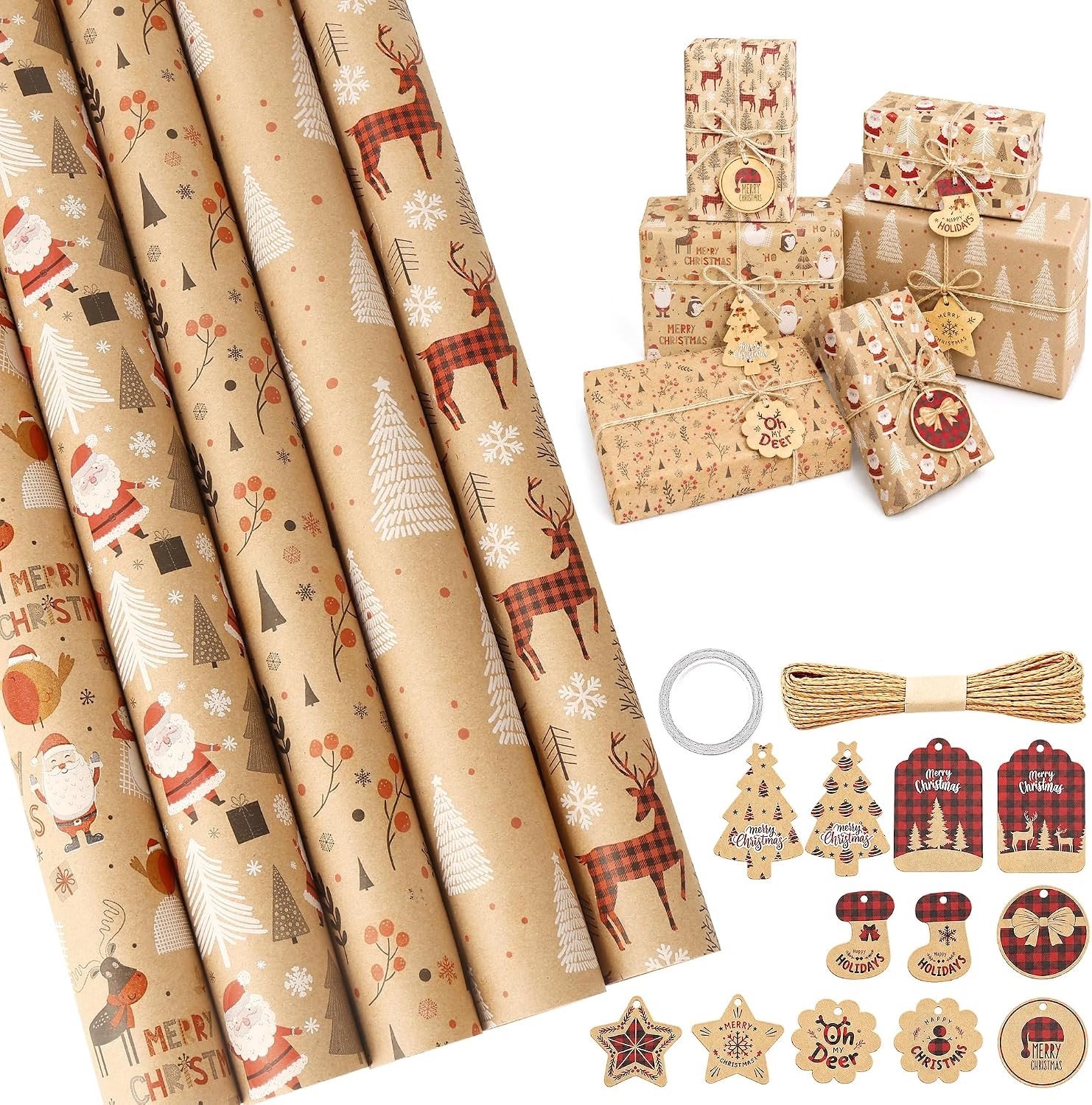 Kerstcadeaupapierrolset - Kraftbruin - 43 cm x 3 m - Complete Verpakking met Jute Touwen en Cadeaulabels - Voor Kerstcadeaus