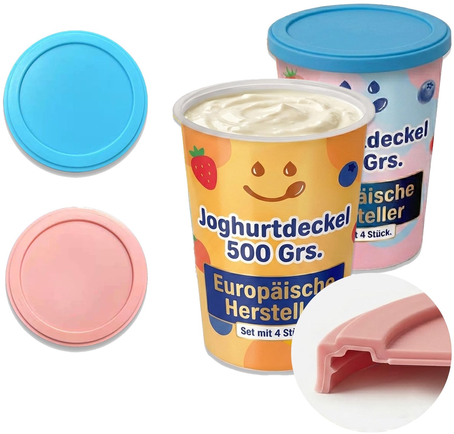 XILMARK Yoghurtdeksel 500 g, herbruikbaar deksel, yoghurtbeker, blikdeksel, herbruikbare siliconen deksel, yoghurt 500 g, yoghurt kunststof deksel, yo