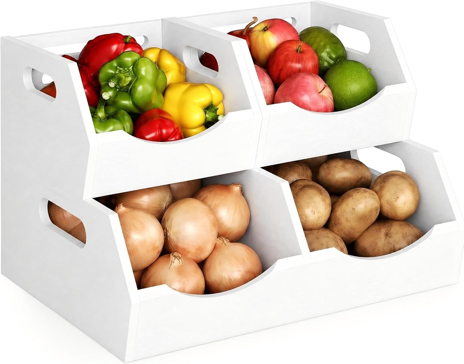 Aardappel- en Uienbak - Wit - 2 Etages - Bamboe Voorraadkast Organizer met Handgrepen - Voor Groenten en Knoflook