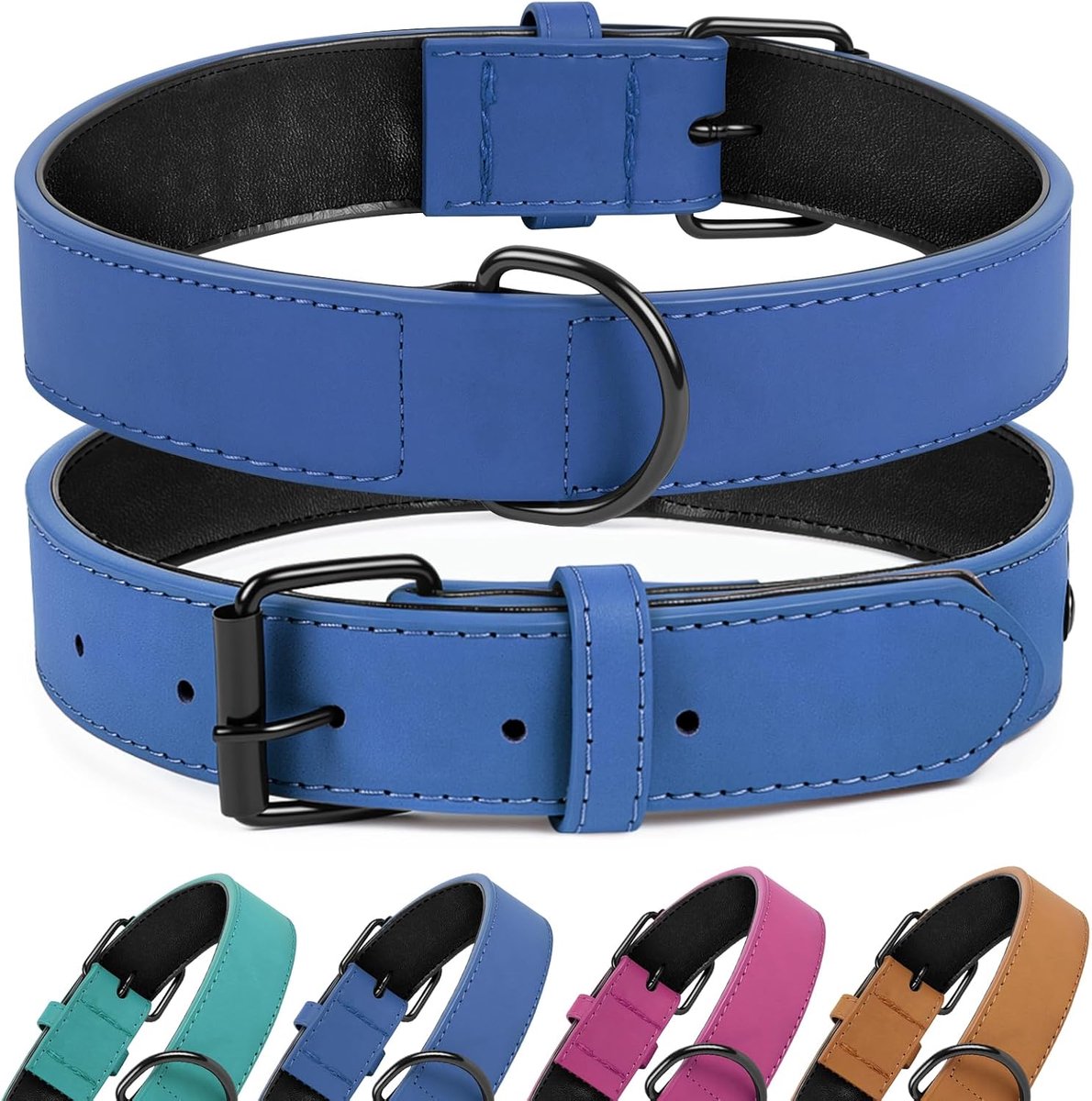 Leren Halsband voor Honden, Zacht, Duurzaam, Verstelbare Halsband met Metalen Gesp en D-ring, voor Kleine, Middelgrote en Grote Honden (Blauw, L)