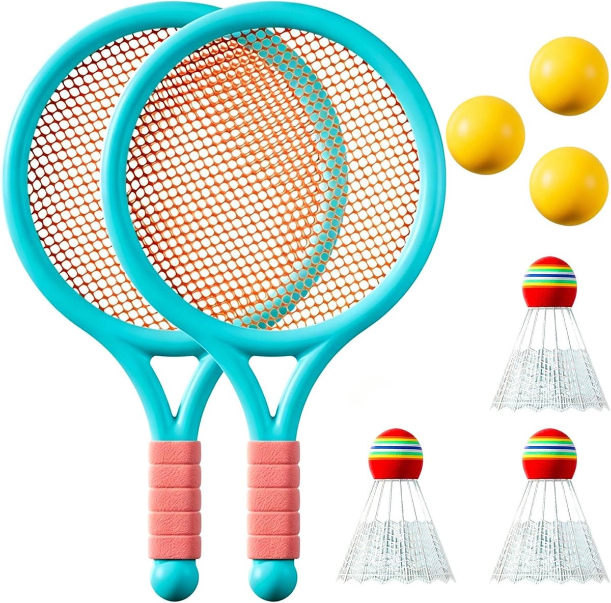 Racketset voor kinderen, set voor kinderen, 2 rackets, 3 badmintonballen, 3 tennisballen, geschikt voor buiten- en binnensporten (blauw)