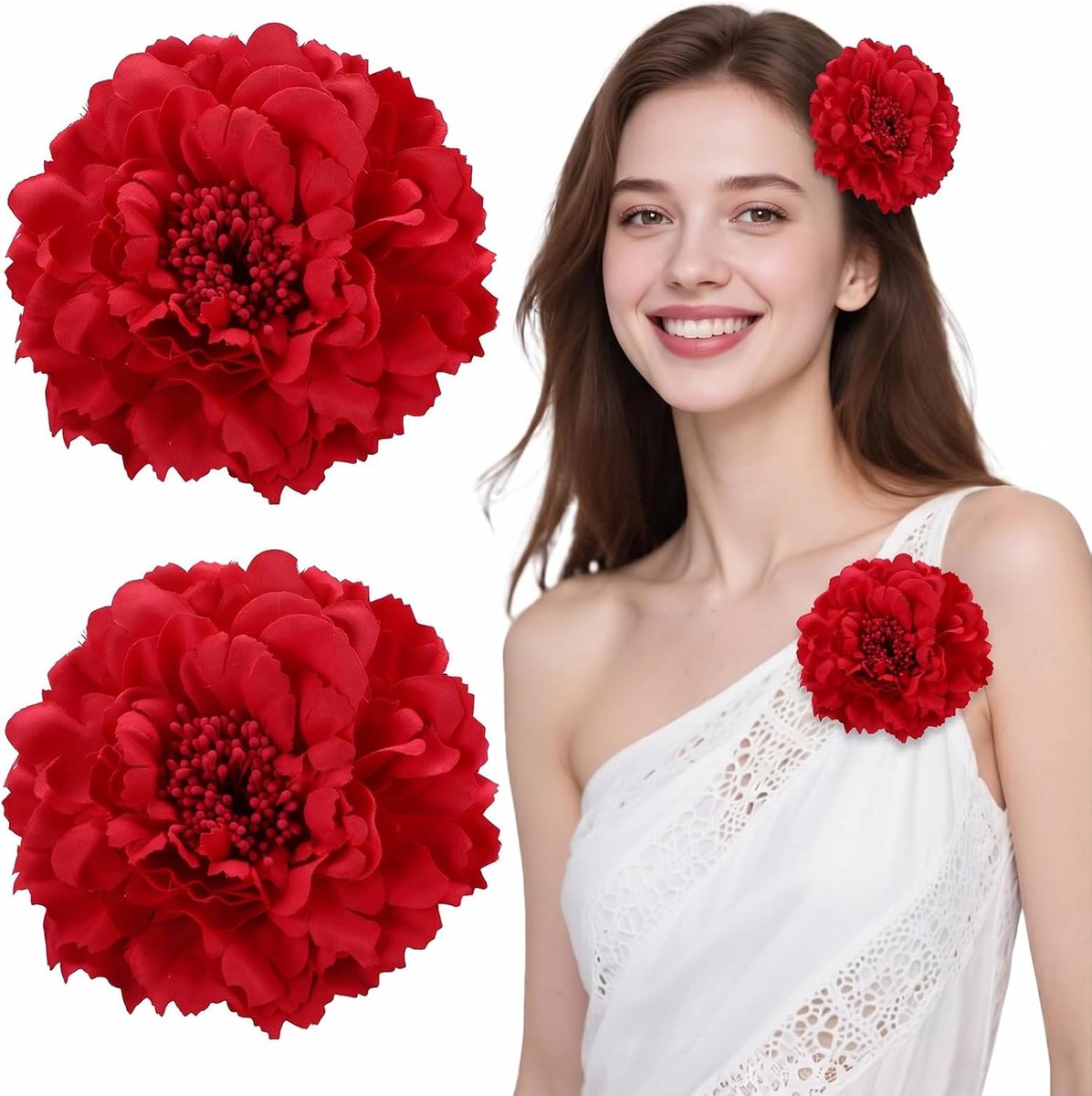 2 stuks bloemenhaarspeld rood (11 cm) - elegant haarsieraad voor dames & hoofdbloem voor bruiloft, feest & flamenco - kunstrozenbloesem met clip en broche naald