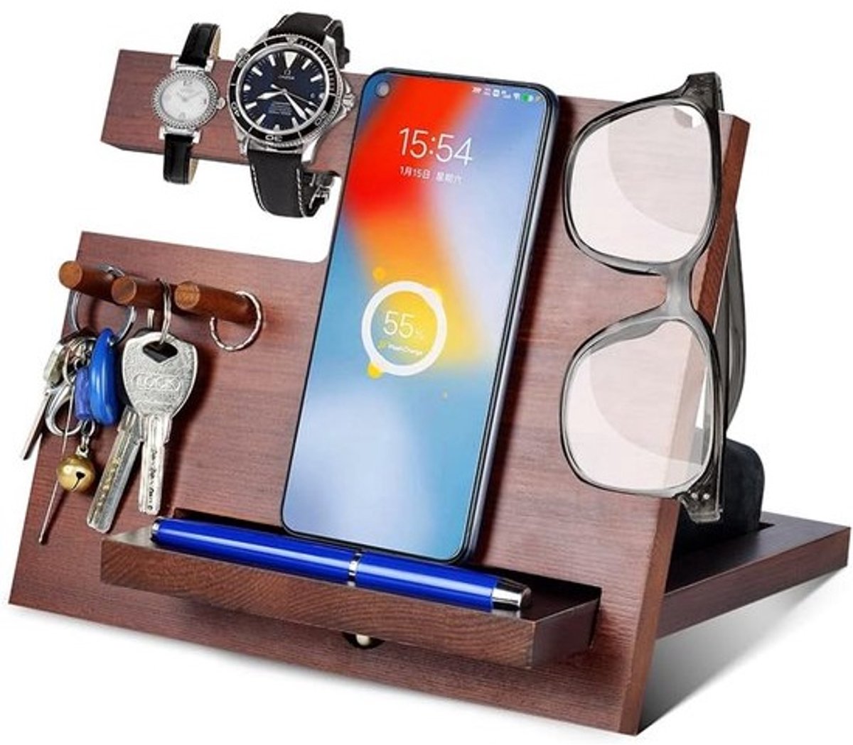 Houten Telefoon Oplader Station en Nachtkastje Organizer - Bureau Opbergbox