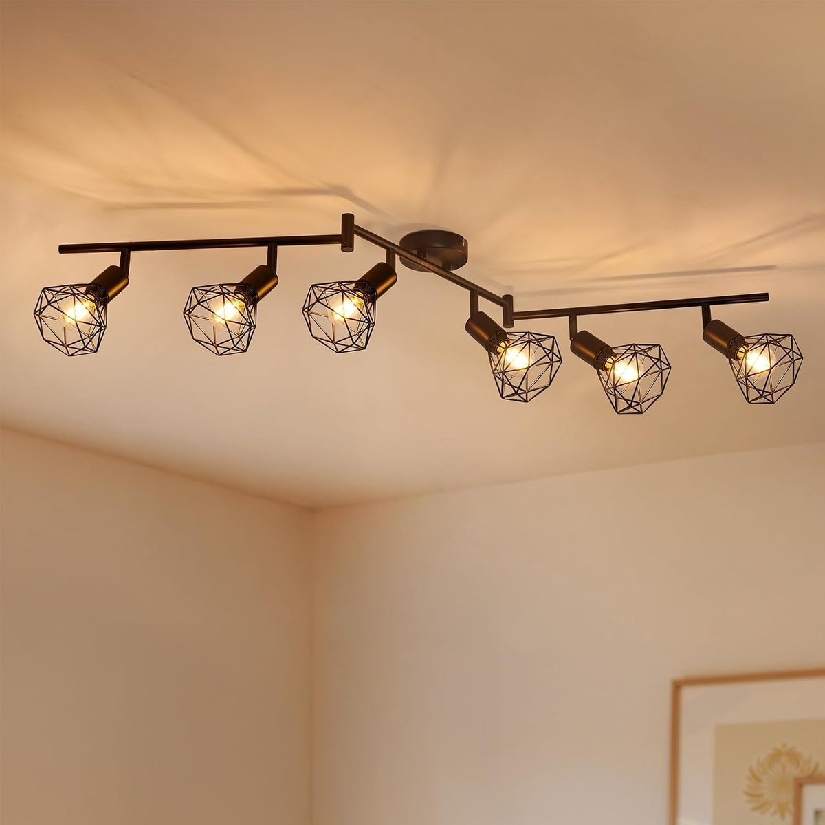 Plafondlamp met 6 spots, draaibaar, industriële plafondlamp, zwart, E14 spotstrip, schijnwerper en plafondspotrails voor keuken, woonkamer, slaapkamer, hal, zonder lamp
