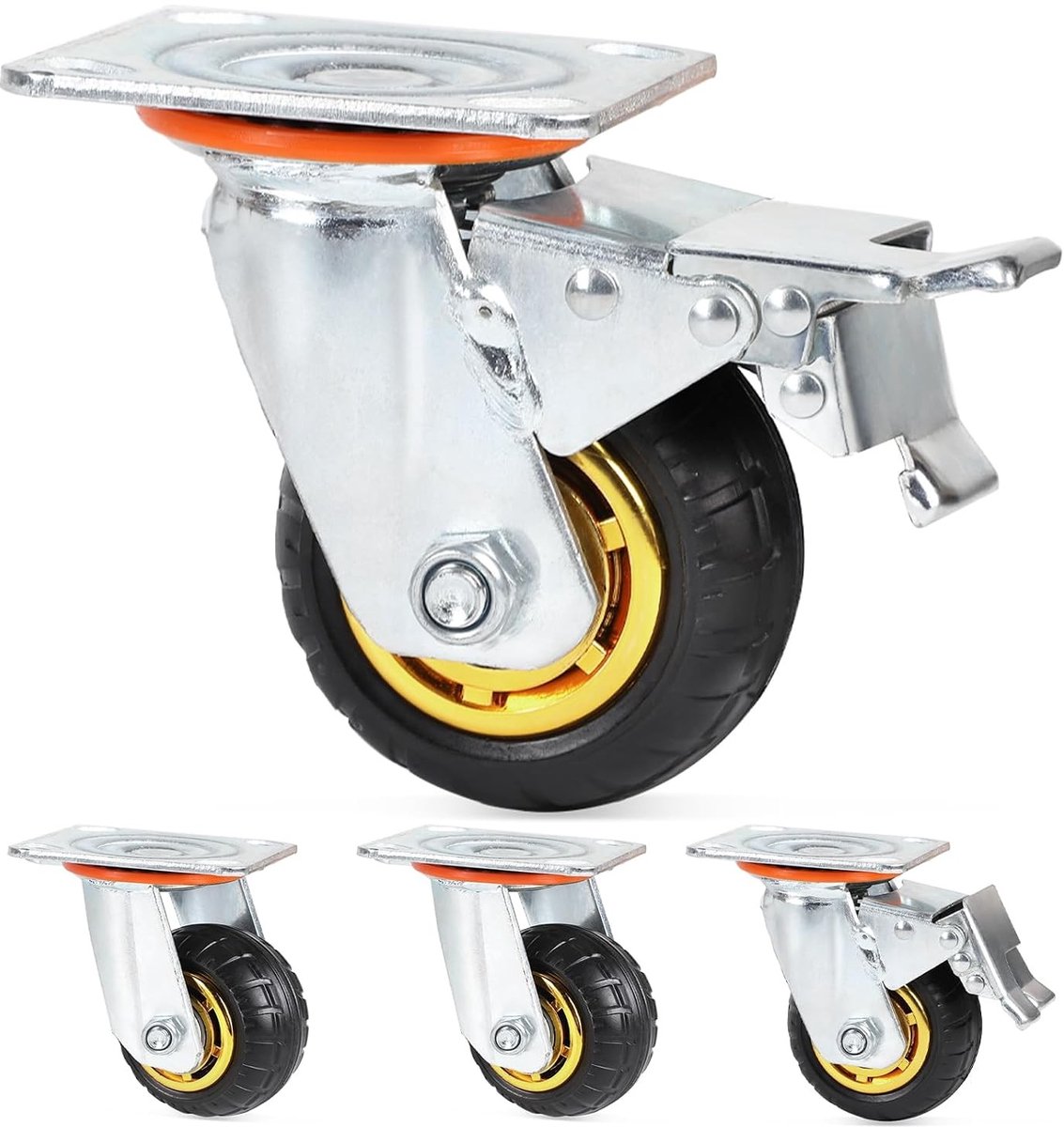 4 Heavy Duty Zwenkwielen 100 mm met Rem, 360° Draaiend, Geschikt voor Meubels tot 220 kg, Voor Transport en Industrie