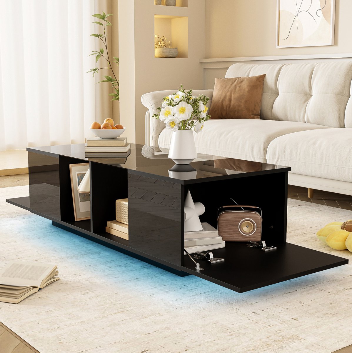 MEUNIQ Salontafel 120 x 50 x 38,5 cm met glazen blad, 16-kleuren LED-verlichting, 2 kastdeuren en opbergruimte voor woonkamer, zwart hoogglans
