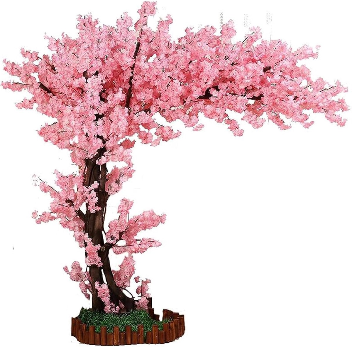 Kunstmatige Kersenbloesem Bomen Huis Tuin Woonkamer Eettafel Nep Kersenbloesem Bomen met Hek & Gesimuleerde Turf (Roze),1.5X1.2M
