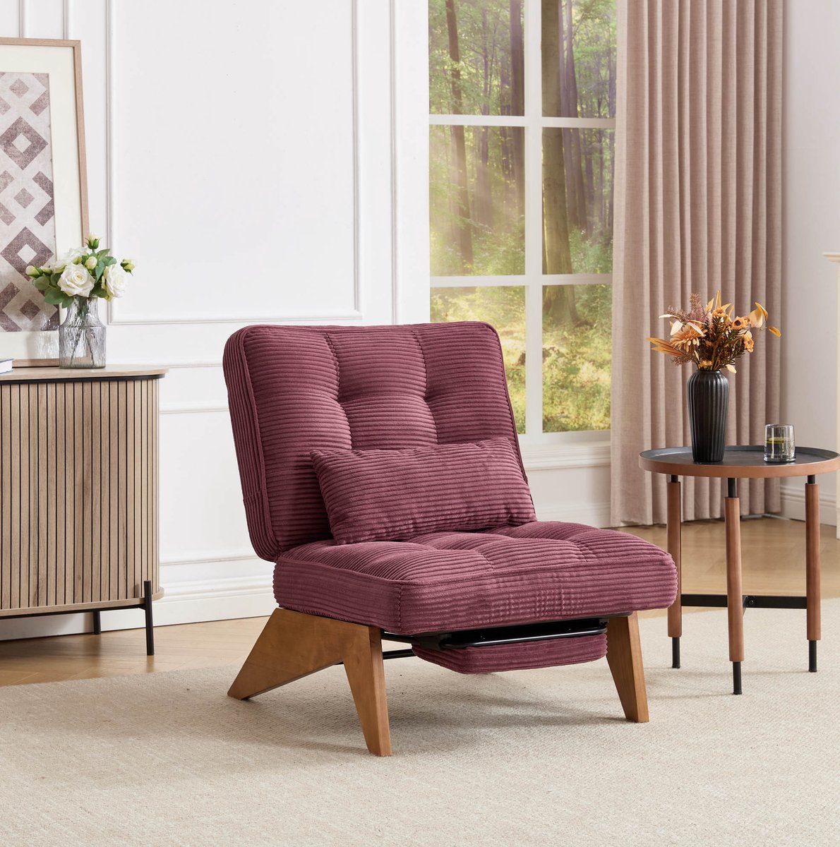MEUNIQ Relaxfauteuil met handmatig verstelbare rugleuning, voetensteun en lendekussen, corduroy stof, wijnrood, voor woonkamer en slaapkamer