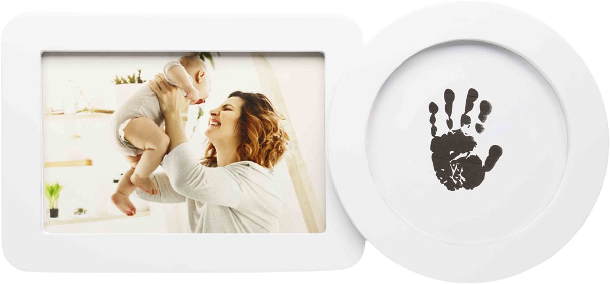Happy Hands - baby hand- & voetafdruk lijst zonder inkt - inkless photo frame met foto-vak - inclusief inkless pad - veilig & schoon voor pasgeborenen - wit modern design 30×13×3 cm - perfect kraamcadeau
