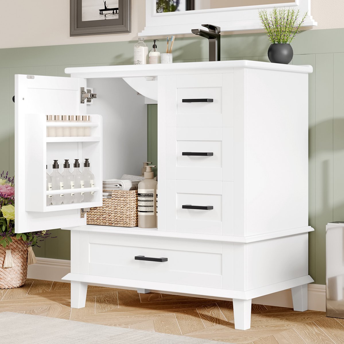 MEUNIQ Staand badkamermeubel 76 x 46 x 83,5 cm met geïntegreerde keramische wastafel, 3 stille lades en kastdeur met legplank, wit