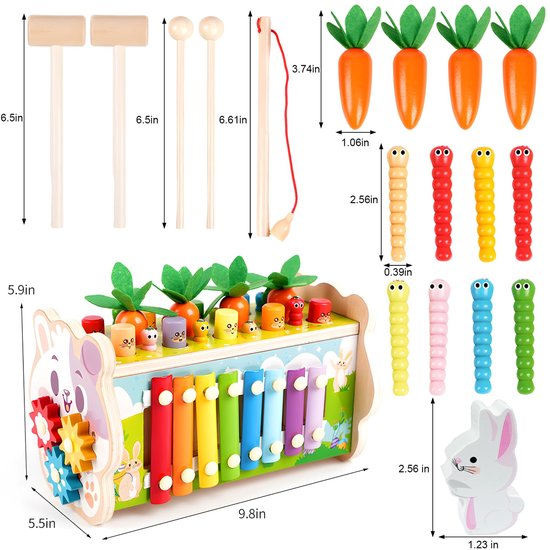 8-in-1 Montessori-speelgoed voor 1-jarigen: houten hamer- en klopspeelgoed met xylofoon voor peuters (1-3 jaar), tandwielen en worteloogstspel – ideaal als verjaardags- of paascadeau voor meisjes van 1 jaar en als educatief speelgoed voor baby's. van Flintry — afbeelding 2