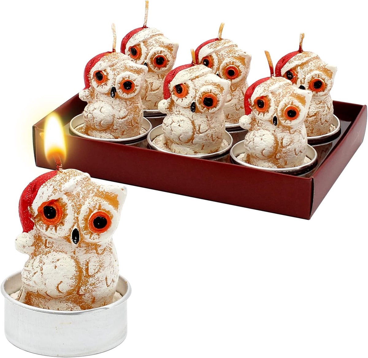 Set van 6 uil met kerstmuts, afmetingen per theelicht L/B/H: 4 x 4 x 6 cm, 6 cm