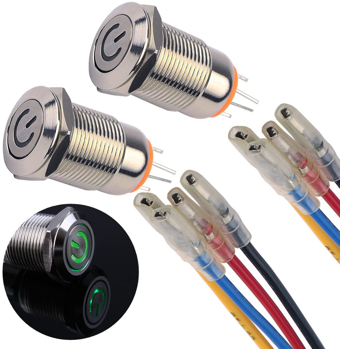 2 x 12 mm vergrendelende drukschakelaar, metaal, 12 V tot 24 V, 2 A, vergrendelend aan/uit schakelaar met groen led-symbool, IP66, 1NO, zelfborgende waterdichte drukknop, knop voor boot