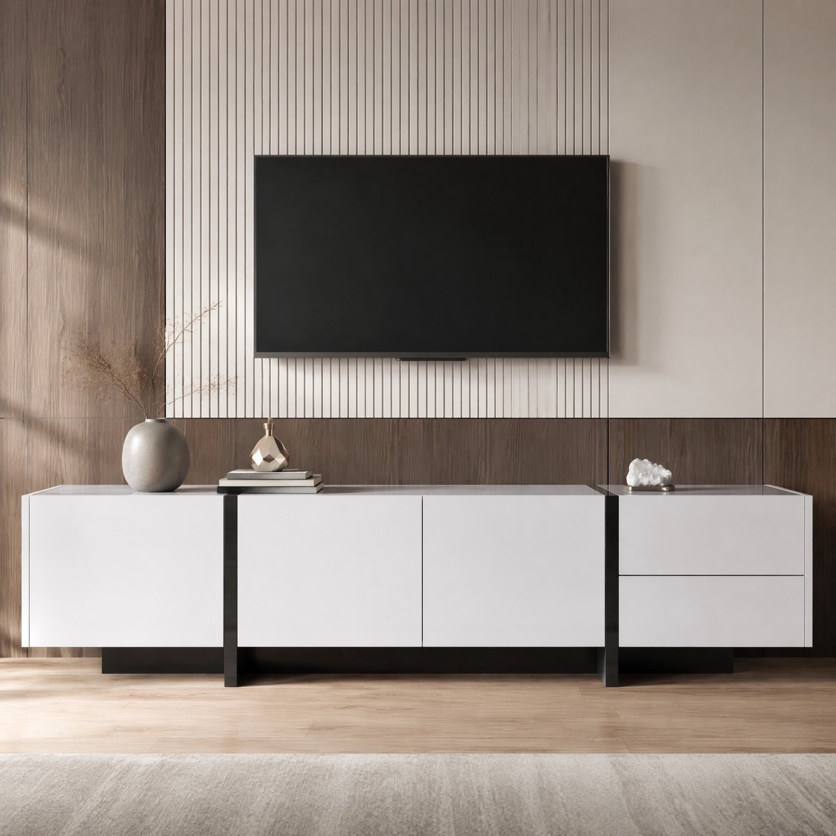 MEUNIQ TV-meubel lowboard 190 x 35 x 45 cm met 3 deuren, 2 laden en legplanken – hoogglans wit met zwarte poten voor de woonkamer