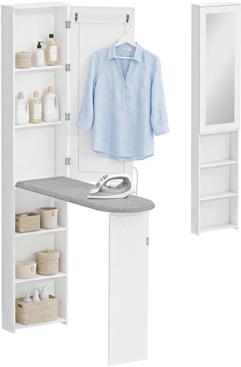 Strijkplank-Wandgemonteerde strijkplank met opbergkast met deur-Opvouwbare -Wandspiegels -106X35X174 Cm-WIT.