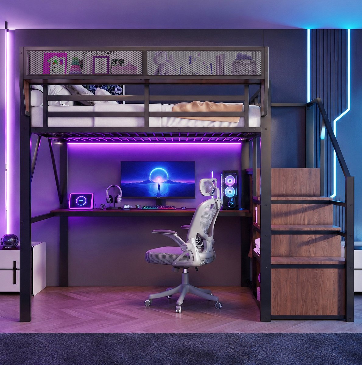 REDOM Hoogslaper - Metaal en MDF - LED-lichtstrip en lang bureau - Veiligheidsladder - Verstelbare opbergplanken - Zwart - 255 x 145 x 191 cm