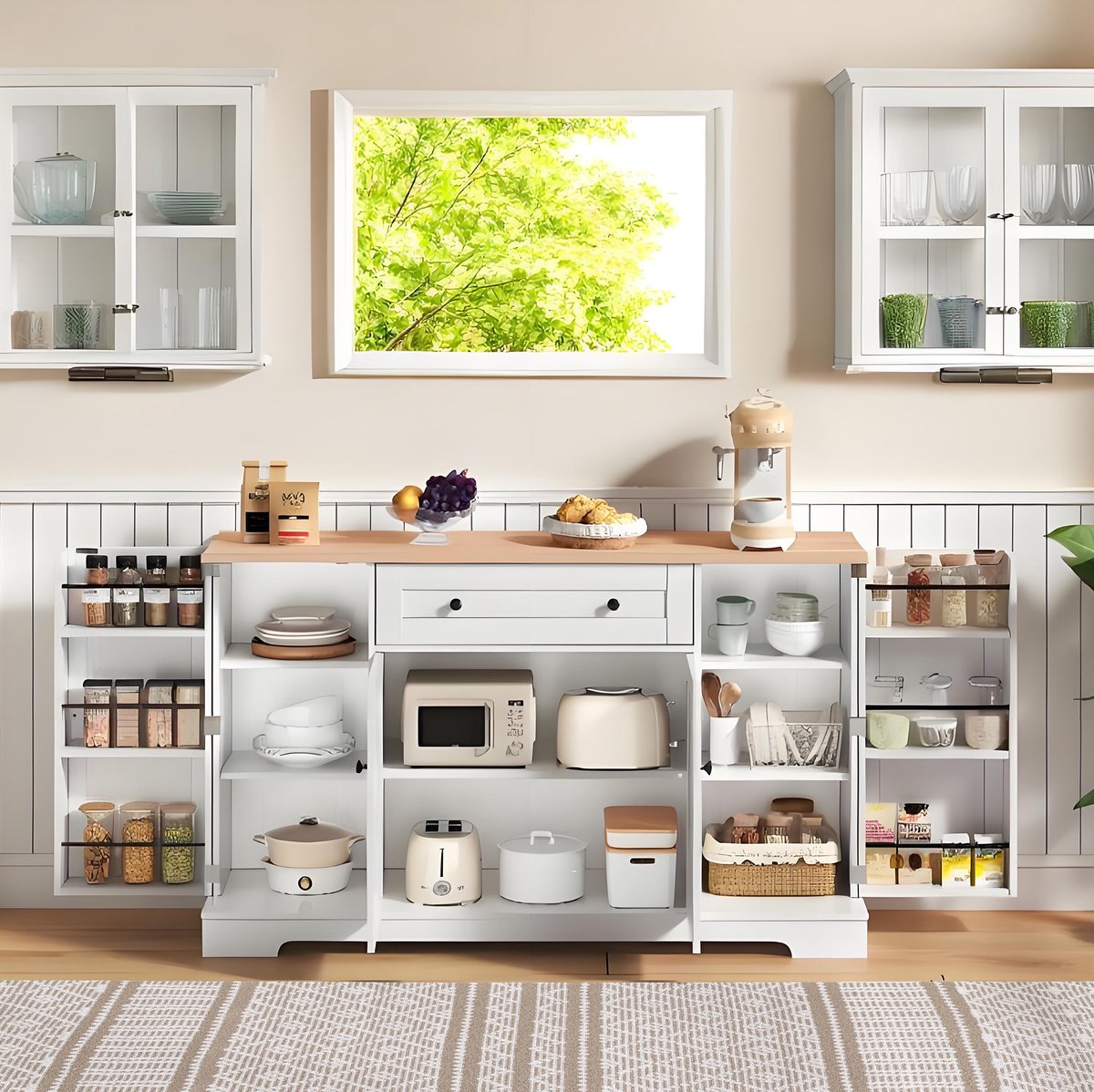 MEUNIQ Buffetkast 138 cm met lade, dubbele deuren, zijkasten en verstelbare planken voor keuken, eetkamer of woonkamer, naturel en wit