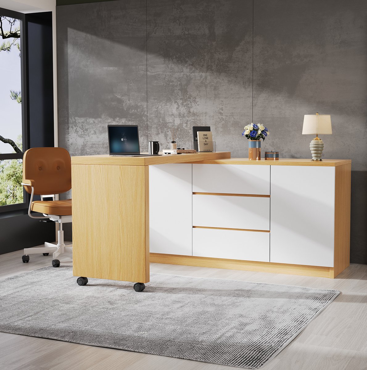 MEUNIQ vouwbureau 120 x 50 x 76,5 cm met 360° draaibaar tafelblad, 2 deuren, 3 lades en vergrendelbare wielen voor werkkamer, eiken en wit