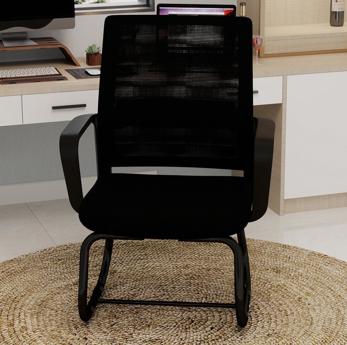 MEUNIQ Bureaustoel met mesh rugleuning en vaste armleuningen, metalen sledeframe zonder wielen, 45 x 55 x 90 cm, zwart voor kantoor en thuis