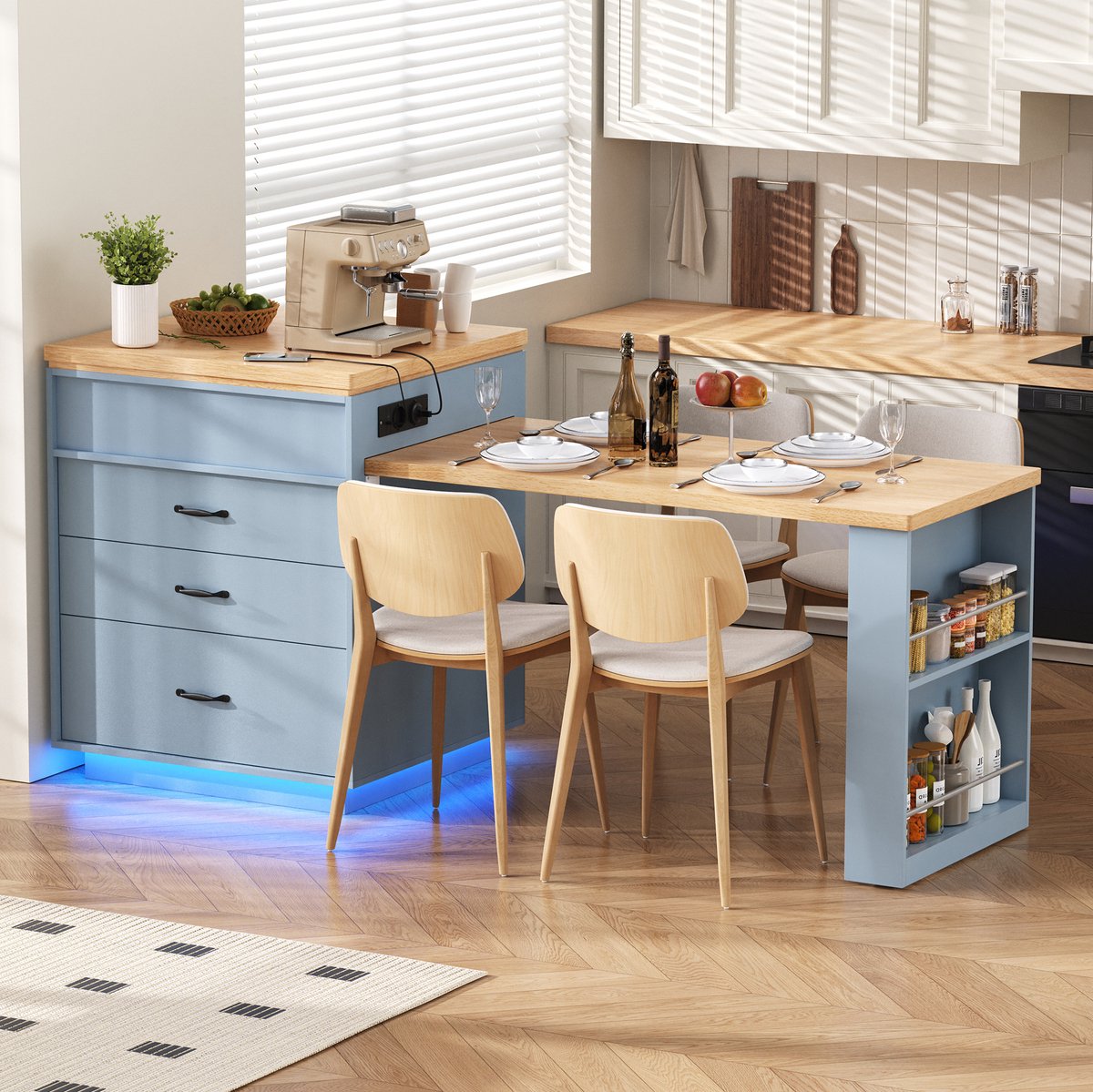 MODFU Uitschuifbare Eettafel Met Opbergruimte En Led-Verlichting - Blauw - MDF