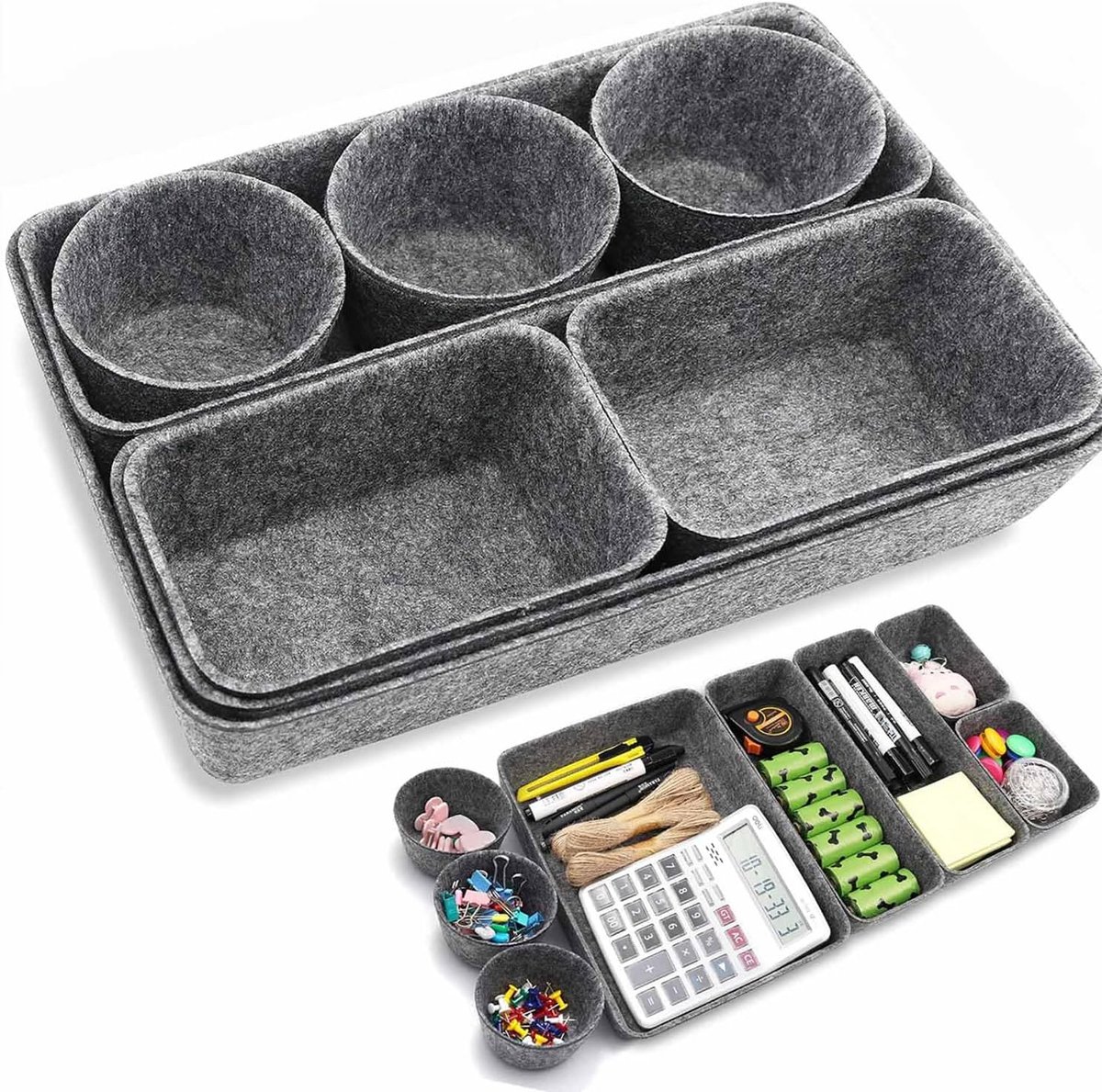 Lade-organizer, vilt, 8 stuks vilten lade-inzetstukken, make-uptafelorganizer voor lade, opbergdoos opbergsysteem, lade voor kantoor, bestekbak, keuken, donkergrijs