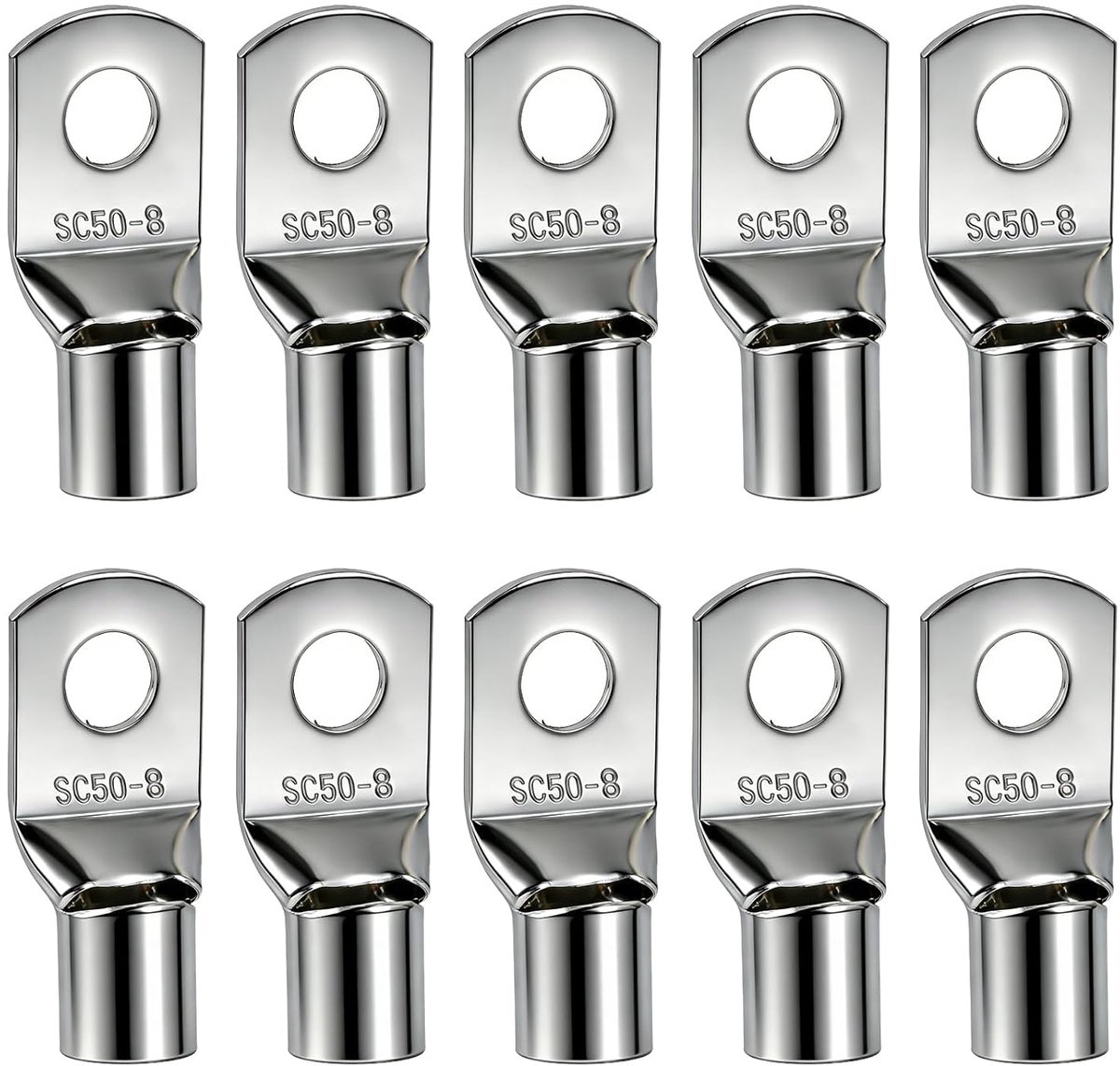 10 stuks buiskabelschoenen 50 mm² M8, krimpklemmen SC50-8, niet-geïsoleerde elektrische kabelschoenen van vertind koper, ringconnectoren voor batterijen, zonne-installaties, voertuigen, elektrische