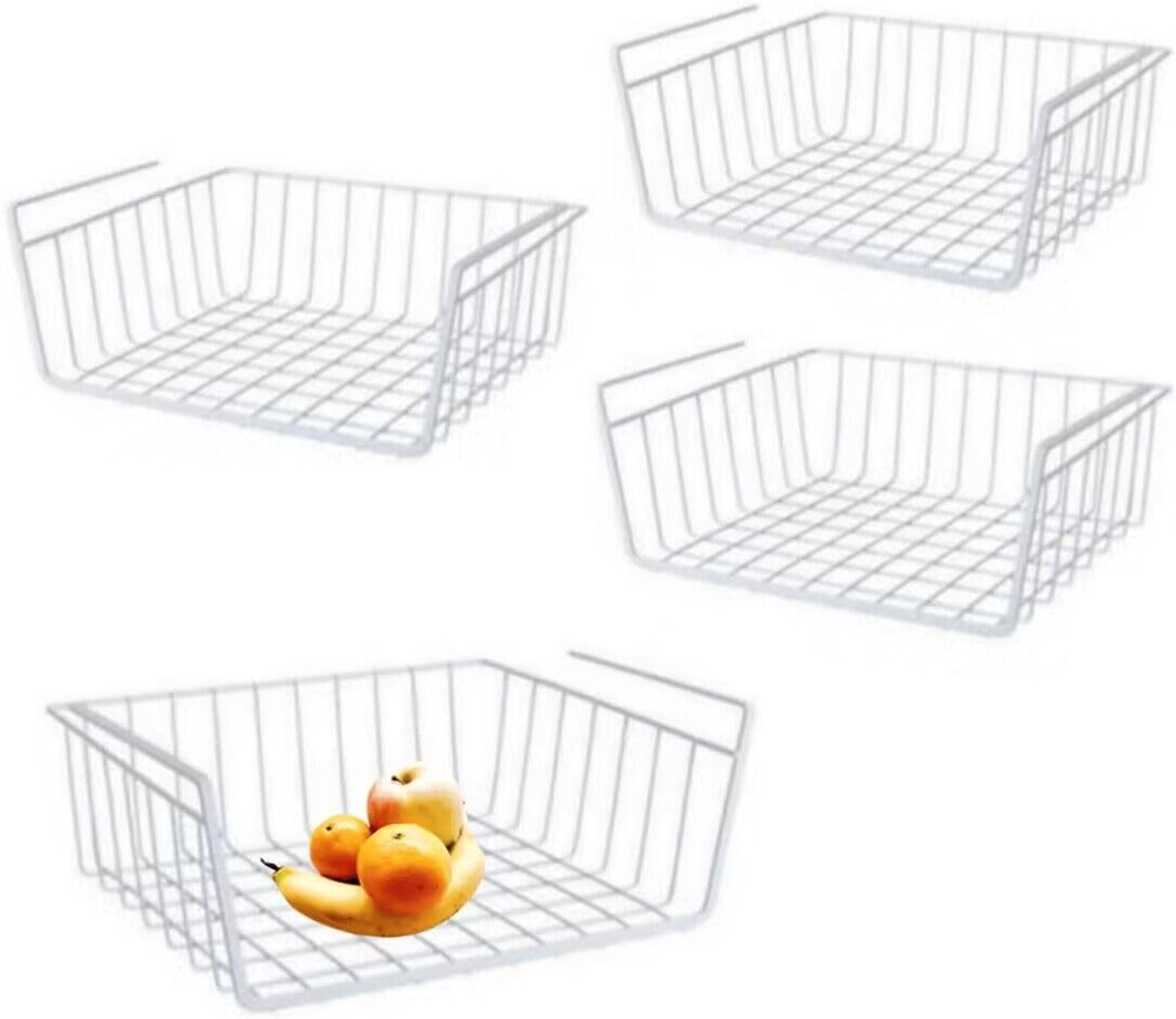 Set van 4 afneembare hangmanden van metaal, opbergmand, geschikt voor kantoren, keukens, koelkasten, badkamers, kasten, kledingkasten (wit-2)