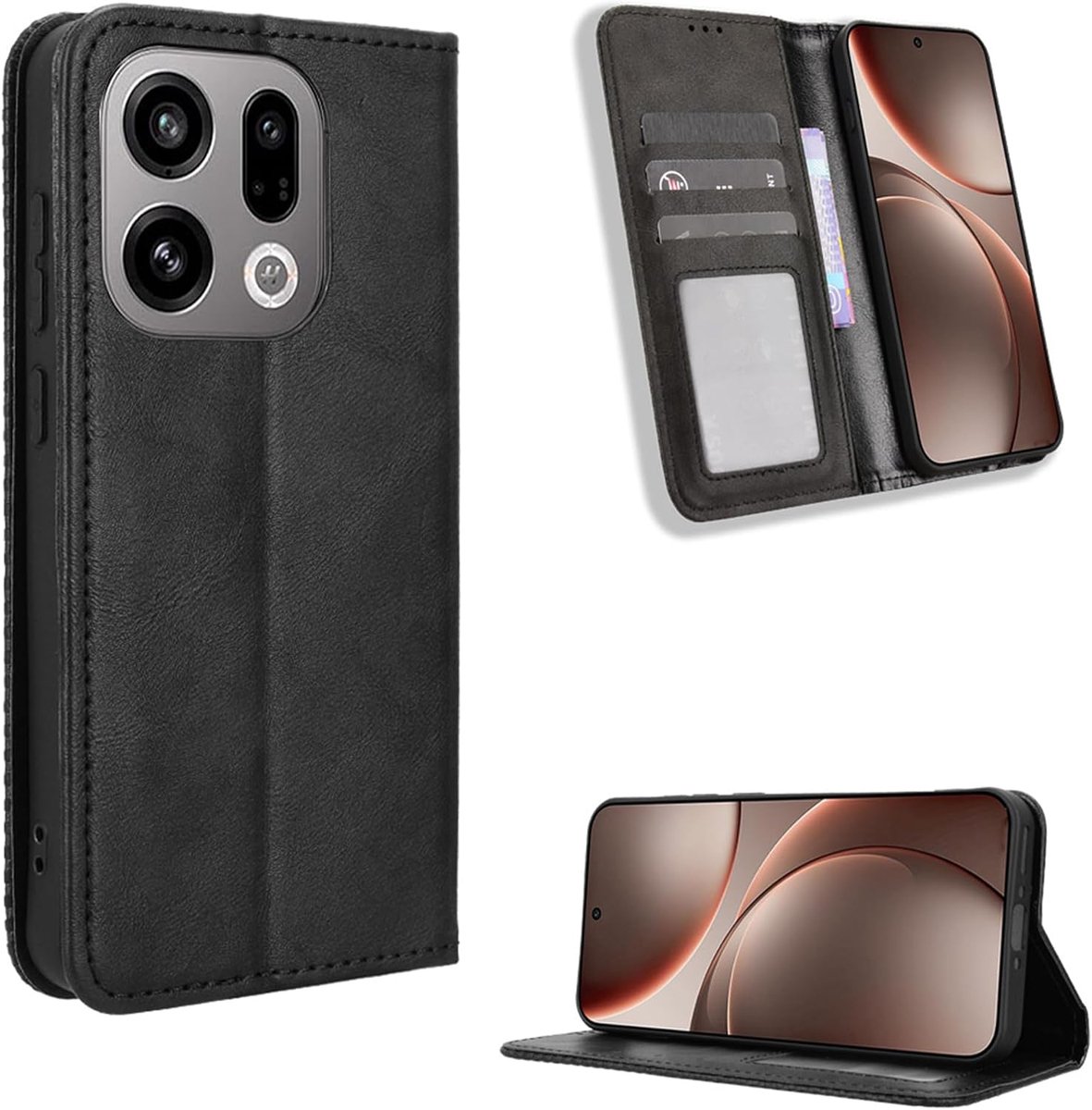 Beschermhoes voor OPPO Find X9, hoogwaardig leer, portemonnee met TPU-binnenkant, schokbestendig, standfunctie, kaartsleuven en flip PU lederen portemonnee (zwart)