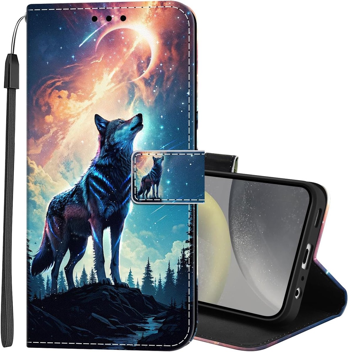 Telefoonhoesje voor Samsung Galaxy S25, premium PU-lederen klaphoesje met patroon en magneetsluiting, kaartsleuf, standfunctie, schokbestendig, klaphoes, beschermhoes voor Galaxy S25, wolf