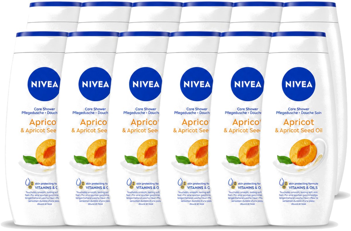 12 x Nivea - Douchegel - Soft Apricot - Huidbeschermend - 250 ml - Voordeelverpakking - 12 stuks