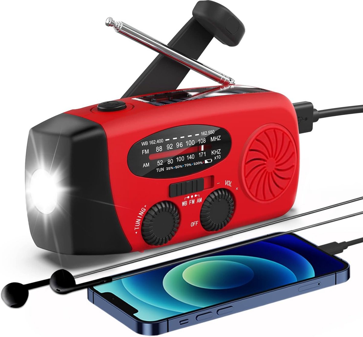 Op zonne-energie werkende, met de hand aangedreven NOAA-weerradio, AM/FM, 2000mAh-oplader, met licht- en SOS-functie.