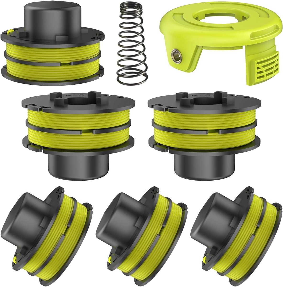spoel lijn, 6 stuks Φ1,5 mm 8,4 m RAC119 nylon vervangende spoelen + RAC118 spoel cover + veer, compatibel met Ryobi RLT3525S grastrimmer