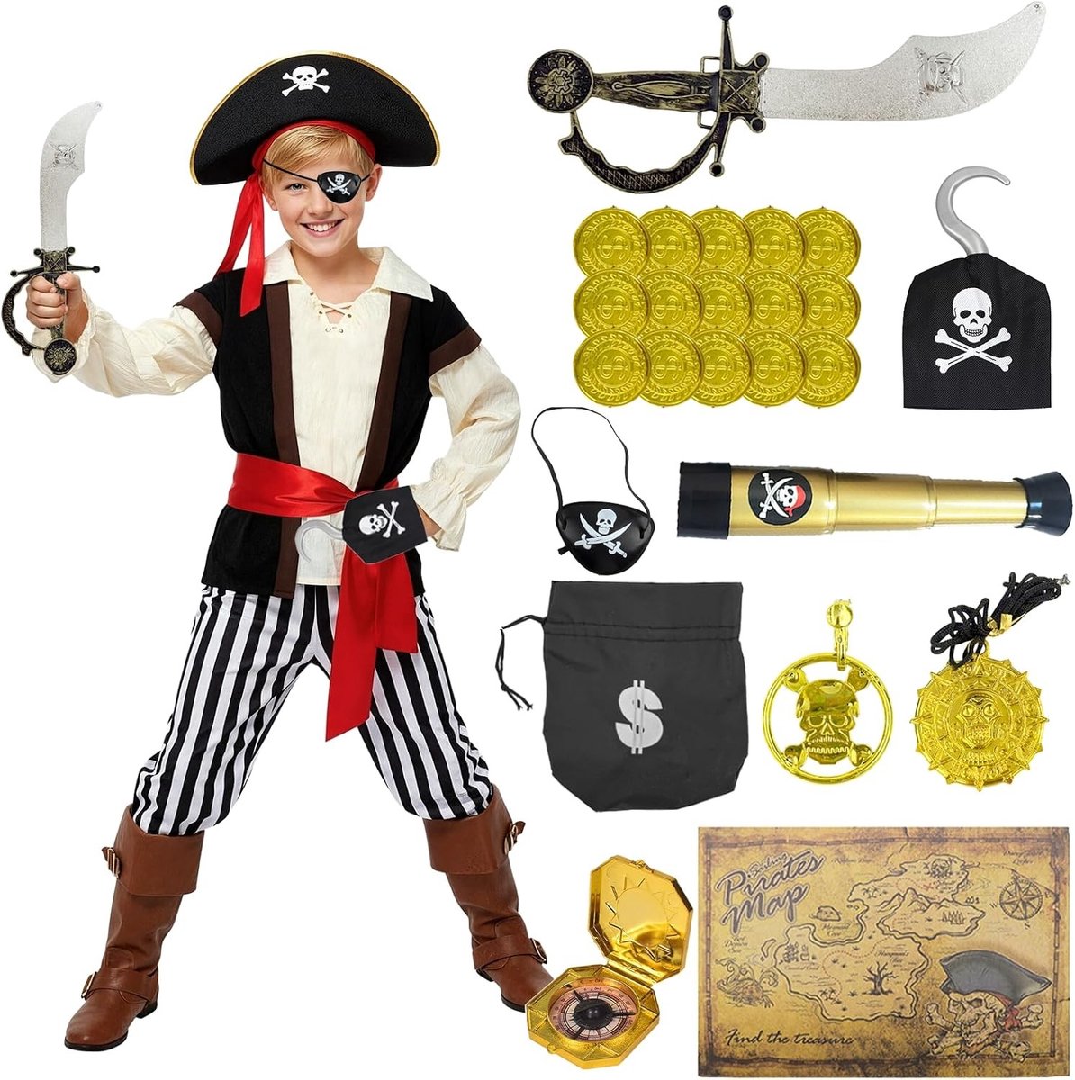 5-delige piratenkostuumset voor kinderen met 22 stuks accessoires, perfect voor verjaardagsfeesten, rollenspellen en Halloween voor 3-6 jaar
