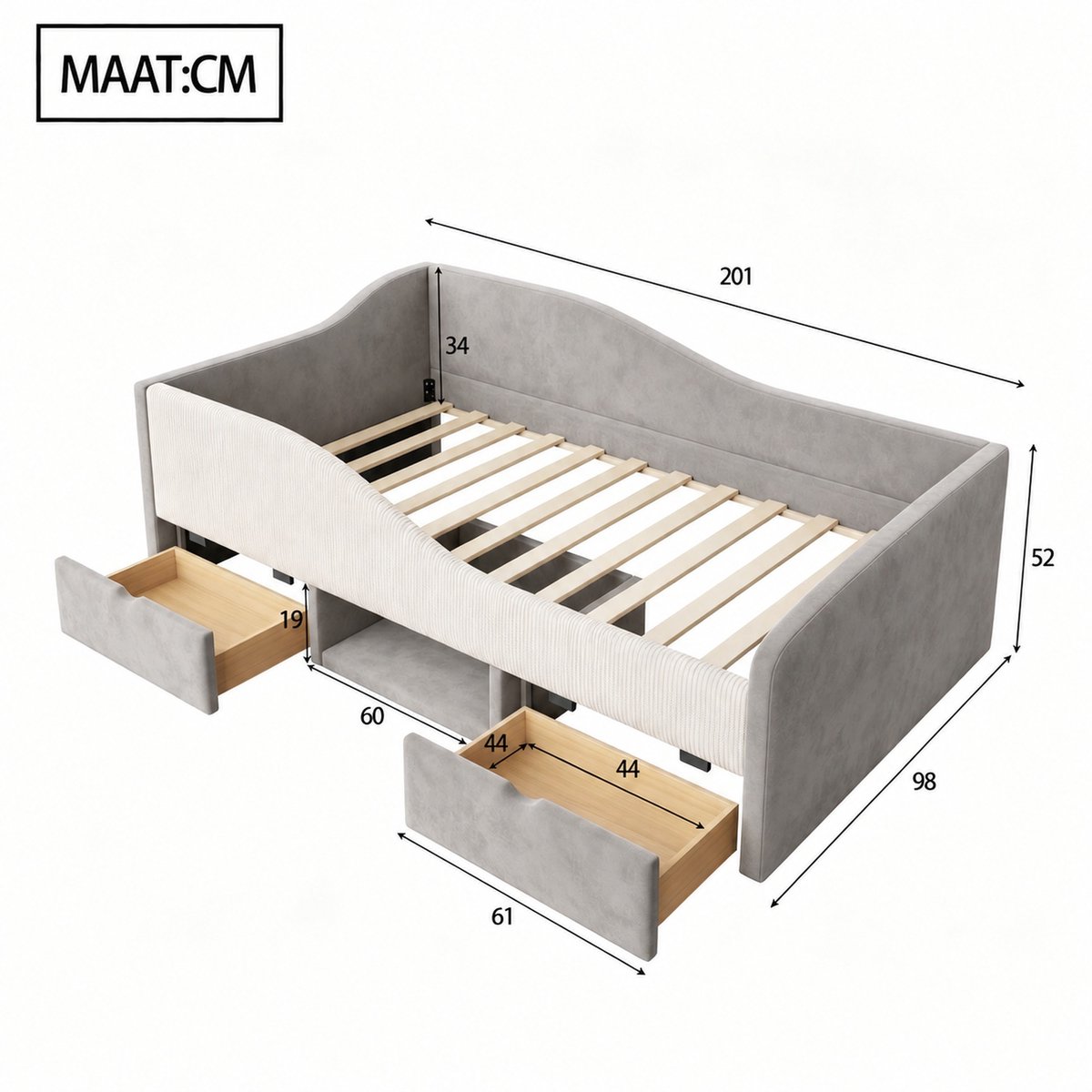 MIVRAY Kinderbed 90 x 190 cm - Gestoffeerd Bed Zonder Matras Met 2 Lades En Valbeveiliging - Met Opbergruimte Voor Kinderkamer - Fluweel - Grijs