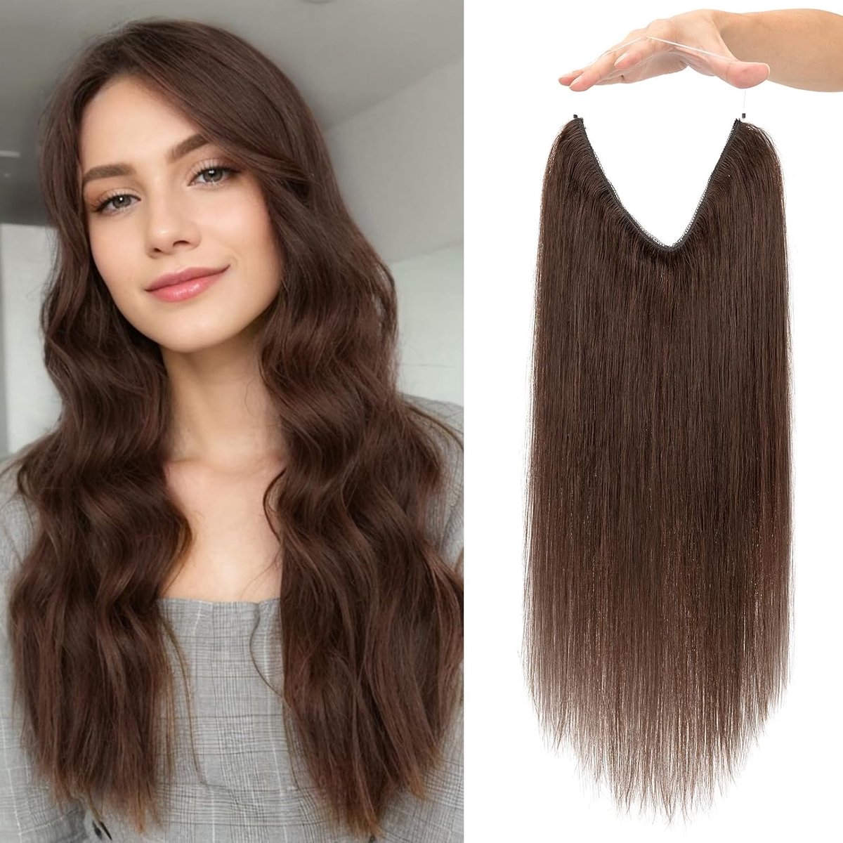 Natuurlijke Haarverlenging Onzichtbare Draad 40cm Echte Menselijke Haar Extensies met Aanpasbaar Koord voor Vrouwen #04 Chocoladebruin 65g