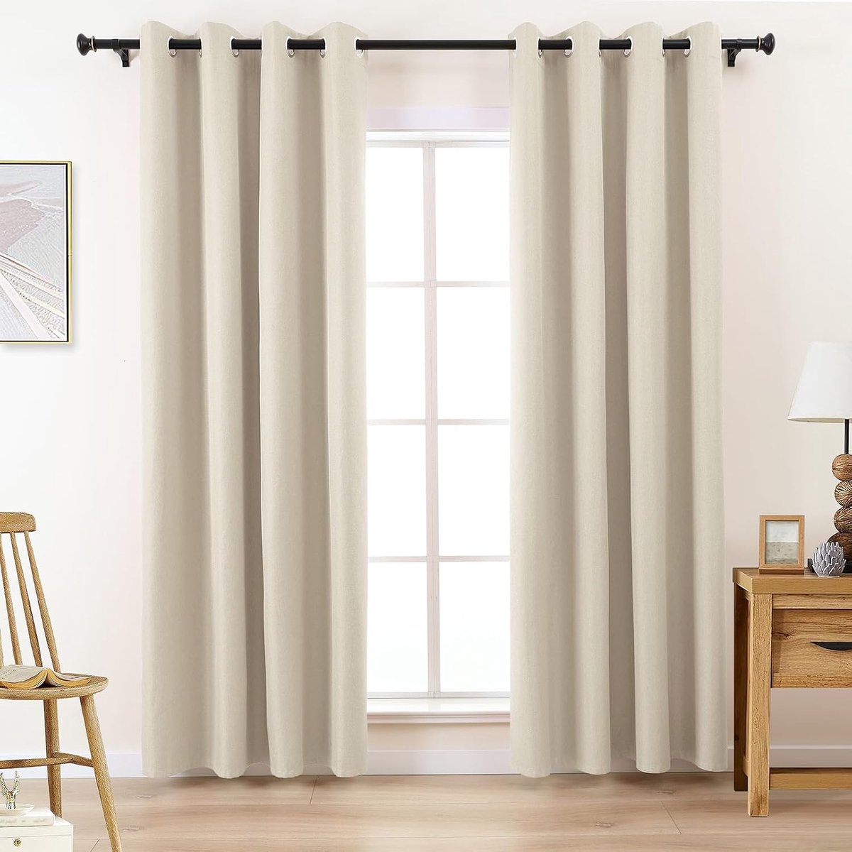 Gordijnen, verduisterend, beige, crème, verduisterende gordijnen, gordijn met ringen, 100% verduisterend gordijngordijn voor slaapkamer en woonkamer, 145 cm lang, kort, set van 2 linnenlook