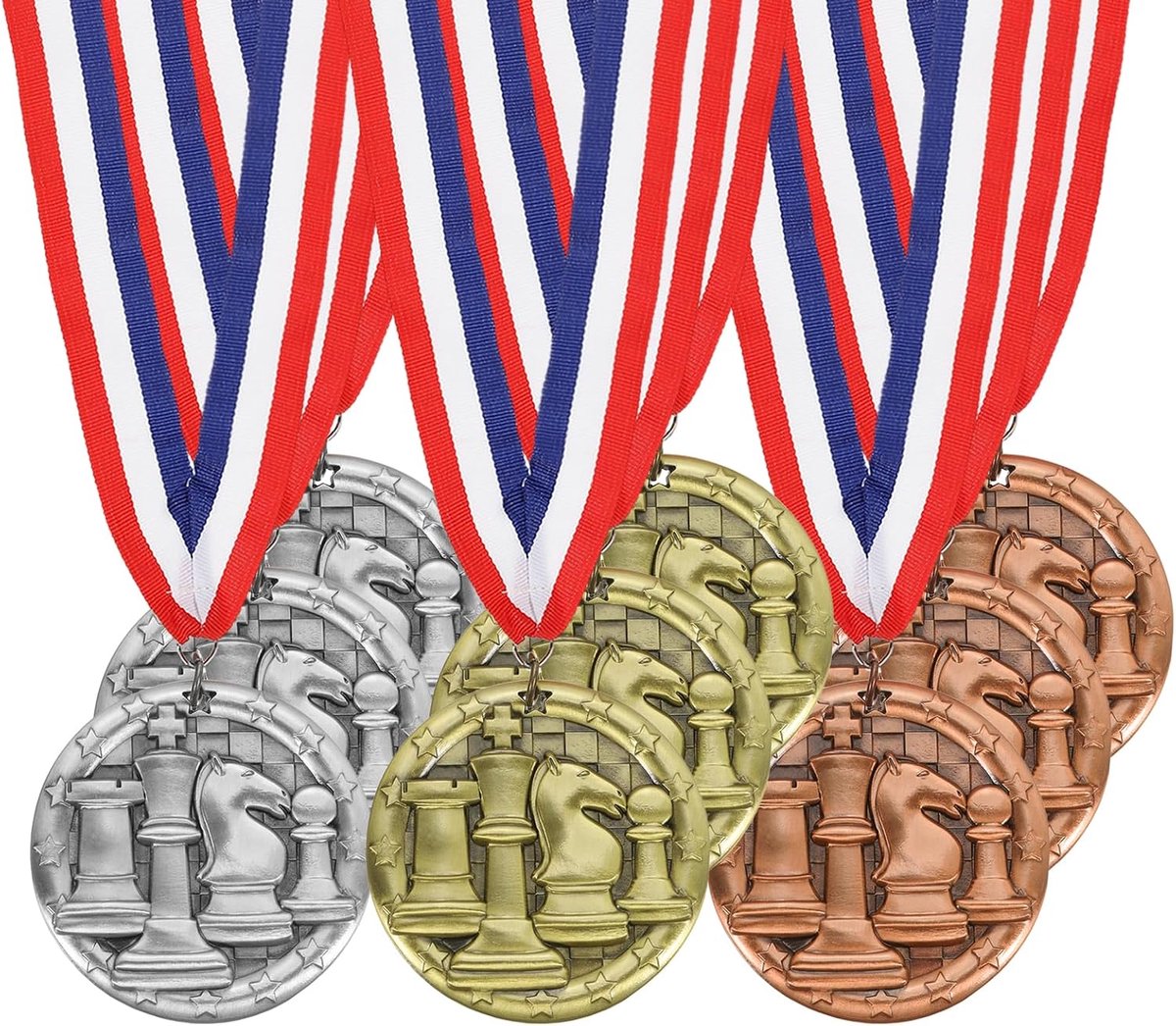 Toernooi medailles met linten, 9 stuks, goud/zilver/rood, sportprijzen voor wedstrijden en evenementen