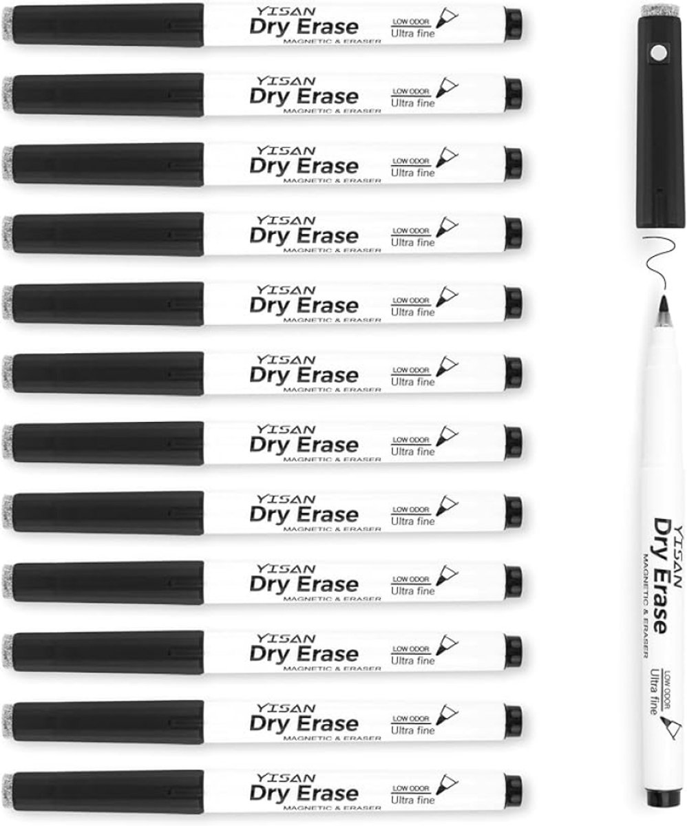 Magnetische Whiteboard Markers Fineliner 0,7 mm Zwart - Droog uitwisbaar met Gum - Geurarme inkt - Kantoor & Thuis (12 stuks)