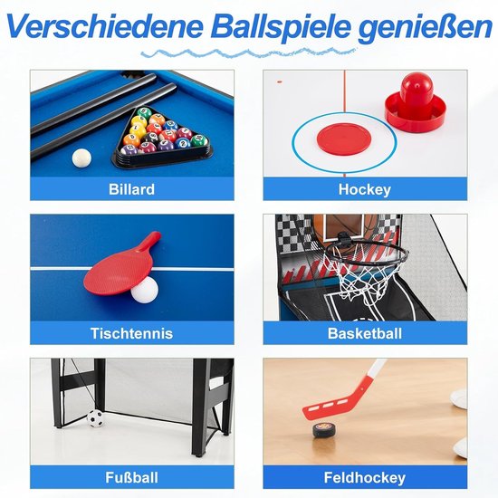 Collage van verschillende spellen: biljart, hockey, tafeltennis, basketbal, voetbal, veldhockey.